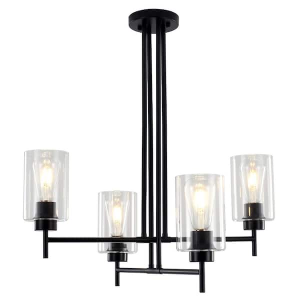 LWYTJO 23. 6 in. 4-Light Black Modern Linear Kitchen Island Chandelier with Cylinder Glass Shade for Dining Room Hallway Foyer