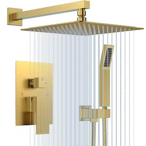 2-Spray Square High Pressure 10 in. Shower Head Brass Wall Bar Shower Kit with Hand Shower in Gold