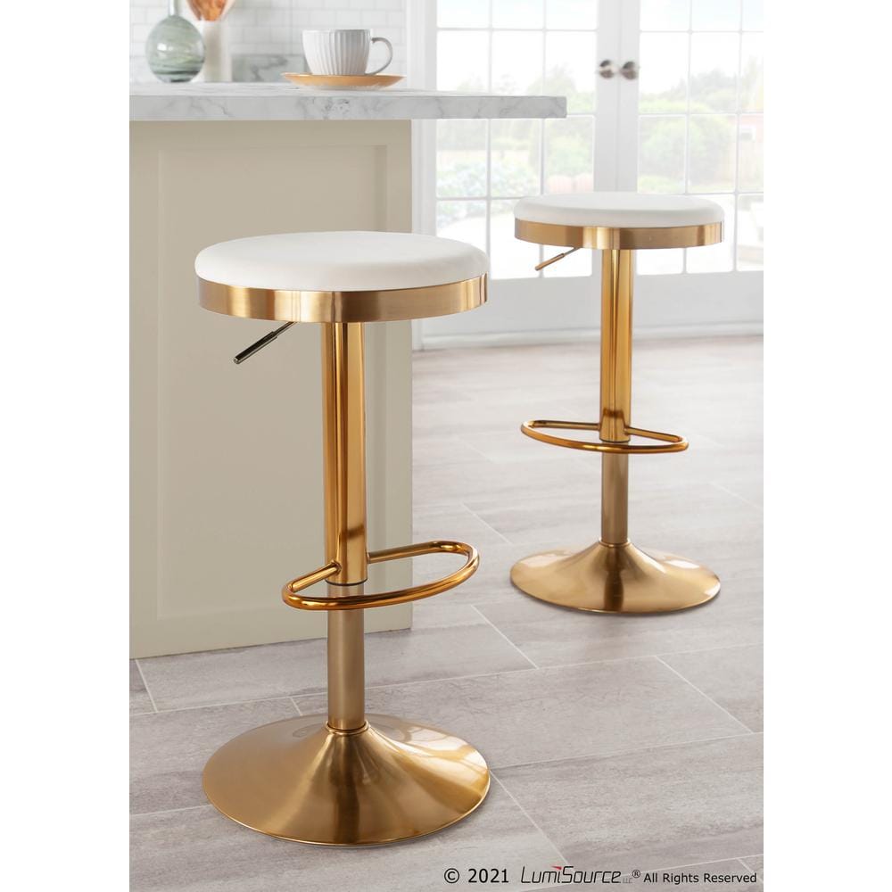 Set of 2 Gold Steel and Cream Velvet Adjustable Swivel Bar Stools