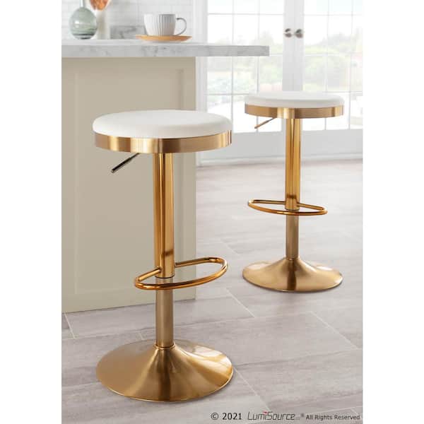 Dakota 31.75 in. Cream Velvet and Gold Metal Adjustable Bar Stool (Set of 2)