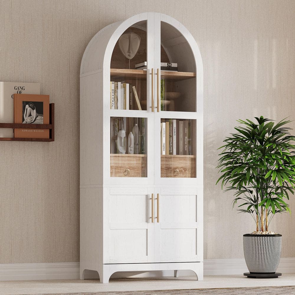 White 71.2 in. H Arched Storage Cabinet with Door Shelves, Adjustable Shelves, Hidden Drawer and Glass Door