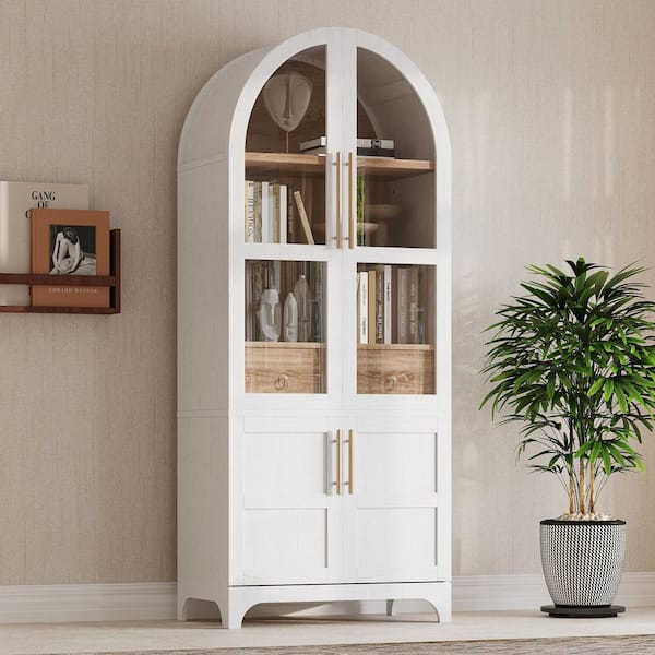 White 71 in. H Arched Storage Cabinet with Door Shelves, Adjustable Shelves, Hidden Drawer & Glass Door