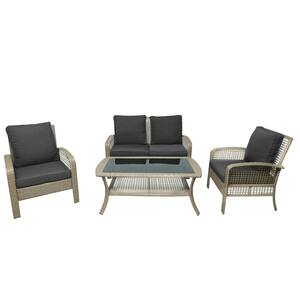 4-Piece Beige brown Rattan Sofa Seating Group with Gray Cushions