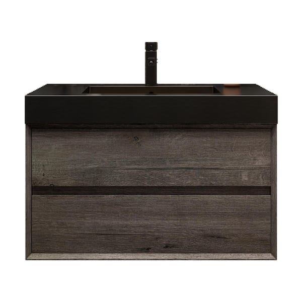 MIA 36 in. W x 20 in. D x 24 in. H Single Sink Floating Bath Vanity in Gray Oak with Black Stainless Steel Top