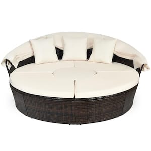 PE Wicker Outdoor Day Bed Patio Rattan Round Daybed with Adjustable Table 3-Pillows with Beige Cushion
