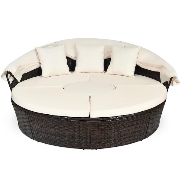 Gymax PE Wicker Outdoor Day Bed Patio Rattan Round Daybed with Adjustable Table 3-Pillows with Beige Cushion