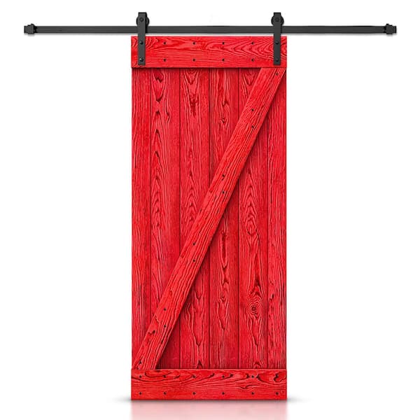 CALHOME 44 in. x 84 in. Z Bar Ready To Hang Wire Brushed Red Thermally Modified Solid Wood Sliding Barn Door with Hardware Kit