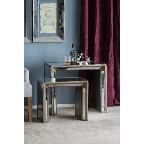 Waverly Mirrored Nested Side Tables with Distressed Wood Frame