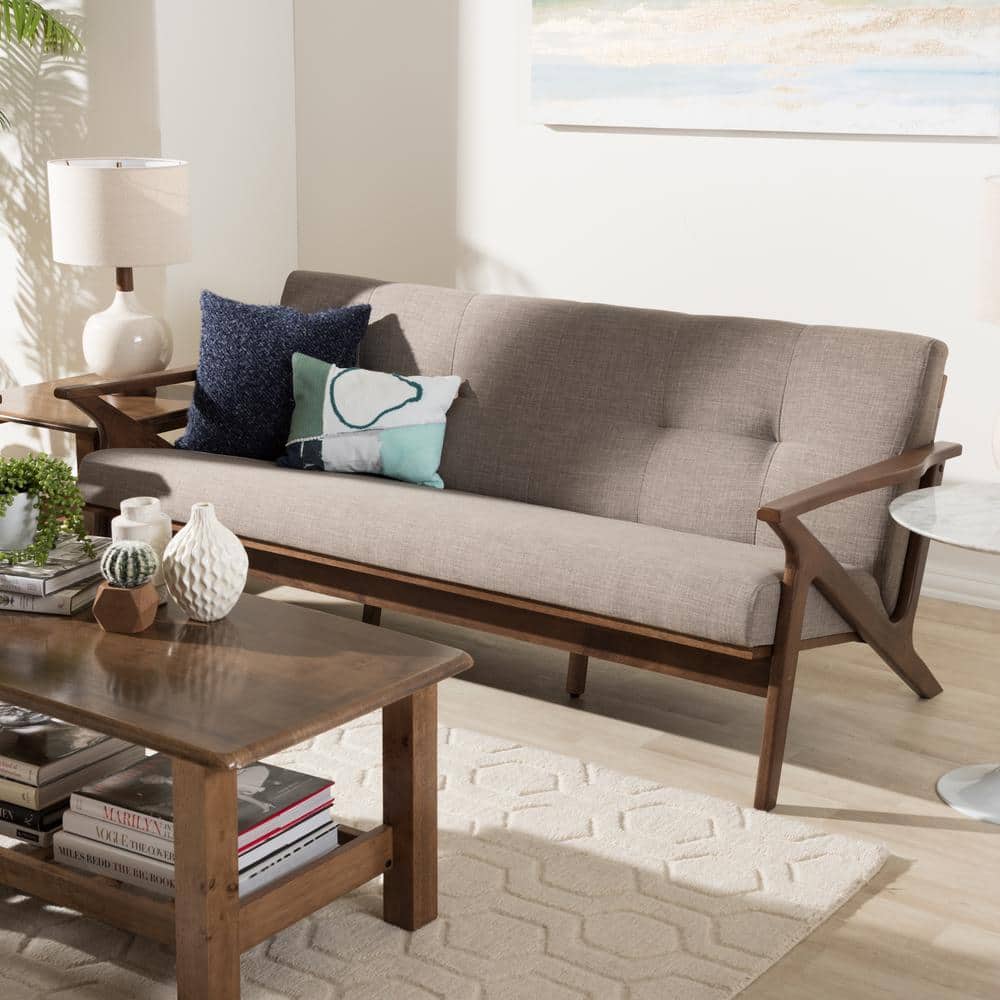 Walnut Brown and Light Grey Faux Leather Tufted 3-Seater Sofa