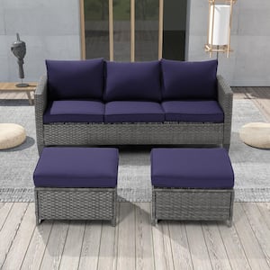 3-Seater Patio Gray Wicker Sofa set with Ottomans, Navy Blue Cushion
