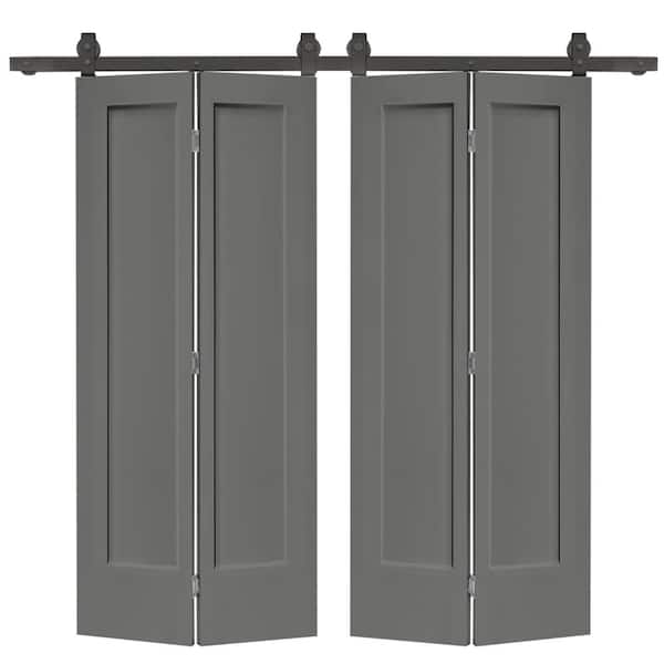 CALHOME 60 in. x 80 in. 1 Panel Shaker Light Gray Painted MDF Composite Double Bi-Fold Barn Door with Sliding Hardware Kit