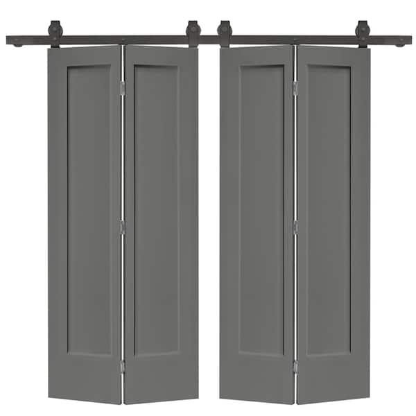 CALHOME 72 in. x 80 in. Hollow Core 1-Panel Light Gray MDF Composite Double Bi-Fold Barn Doors with Sliding Hardware Kit