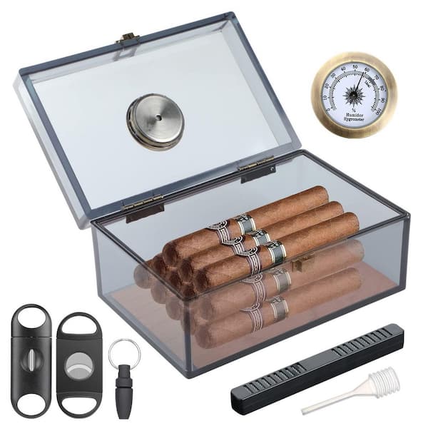 Unbranded 5.08 in. W x 3.46 in. H Grey Acrylic Cigar Humidor w/Hygrometer, Humidifier and Accessories, Holds 20-Cigars