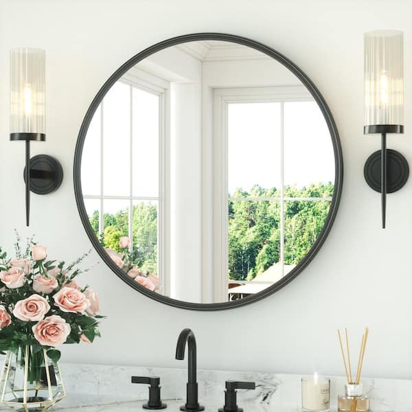 28 in. W x 28 in. H Round Metal Black Framed Modern Wall Mounted Bathroom Vanity Mirror Wall Mirror
