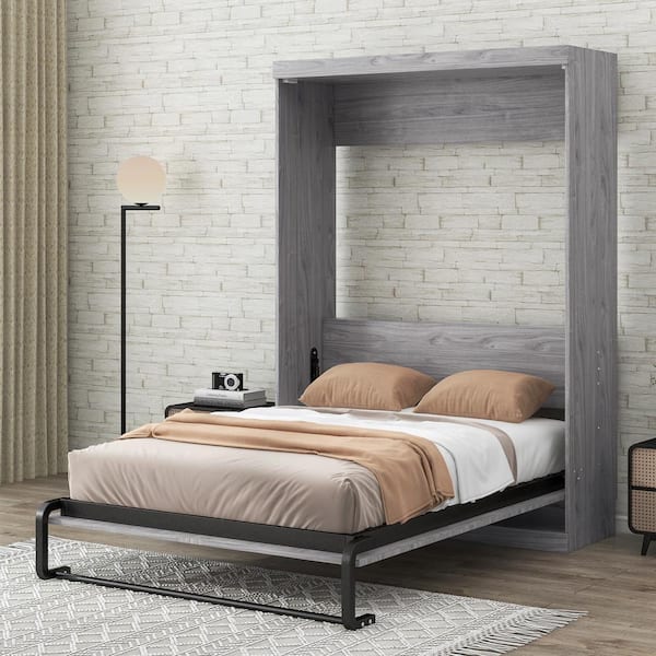 Twin Size Gray Wood Murphy Bed with Wardrobe and Drawers, Storage Bed, Can Be Folded Into A Cabinet - Full