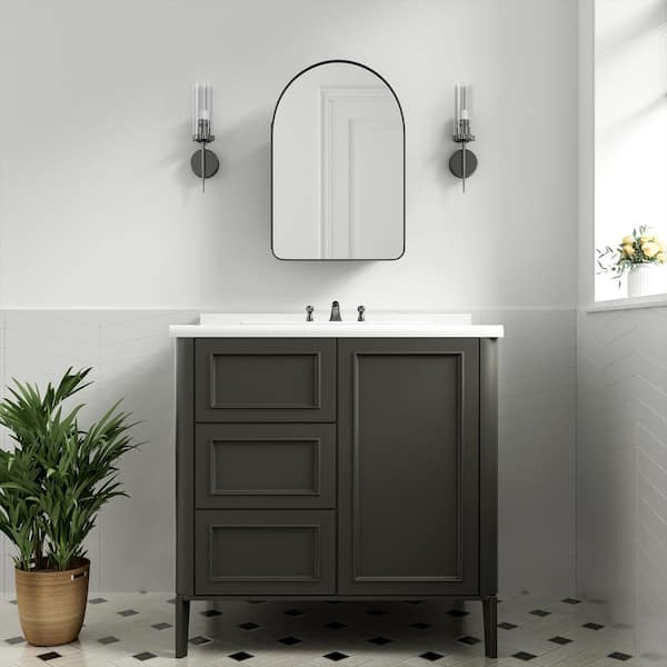 G 16 in. W x 24 in. H Recessed or Surface Mount Arched Medicine Cabinet with Mirror in Black