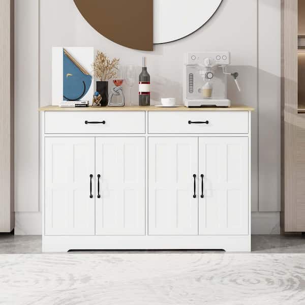 White Wood 48 in. Kitchen Island with Drawers, Farmhouse Buffet Cabinet Storage Sideboard for Dining Living Room Kitchen