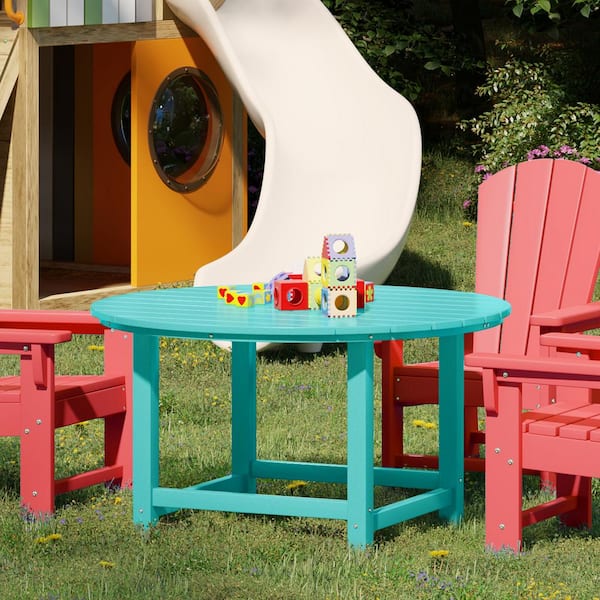 Childrens Laguna Outdoor Patio All Weather Fade Resistant Kids Poly Plastic 38 in.Round Picnic Dining Table in Turquoise