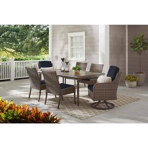 Windsor 7-Piece Brown Wicker Rectangular Outdoor Dining Set with CushionGuard Midnight Navy Blue Cushions