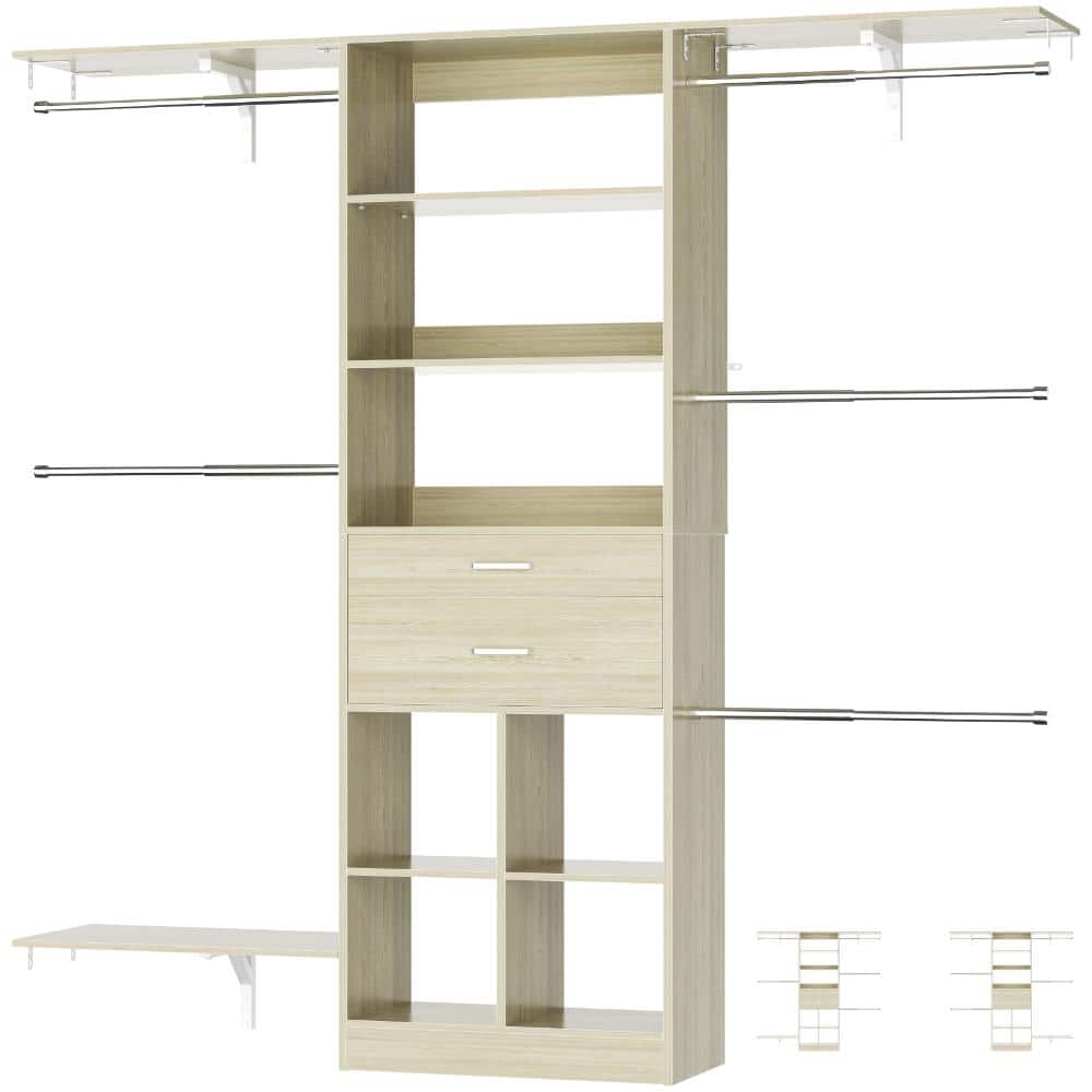 3.3-5 FT White Oak Reach-In Tower Wall Mount Closet Organizer System with 5 Hanging Rods & 2 Wooden Drawers & Shelves