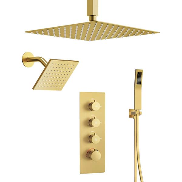 YAWWALK Thermostatic 7-Spray Wall Mount 12 in. and 6 in. Dual Shower Head and Handheld Shower Head 2.5 GPM in Brushed Gold
