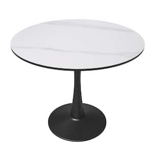 Round White Sintered Stone 35.46 in. Tabletop with a Black Steel Pedestal Base Dining Table Seats 4