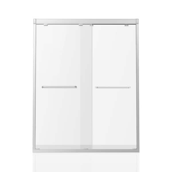 Modern 60 in. W x 76 in. H Double Sliding Framed Shower Door in Silver with 1/4 in. (6 mm) Clear Glass