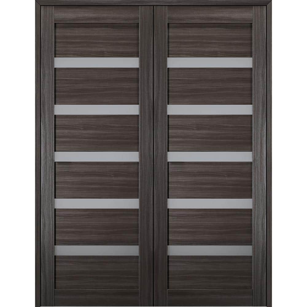 Gray Oak and Frosted Glass Double Prehung Interior Door