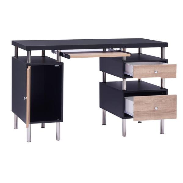 Modern Solid Wood Computer Desks Office Table with PC Droller Storage Shelves and File Cabinet Small Study Writing Desk - Black