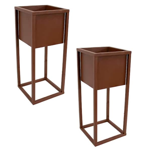 Sunnydaze Sunnydaze Modern Simplicity 8.25 in. W x 19.75 in. H Brown Steel Square Outdoor Elevated Planter (2-Pack)