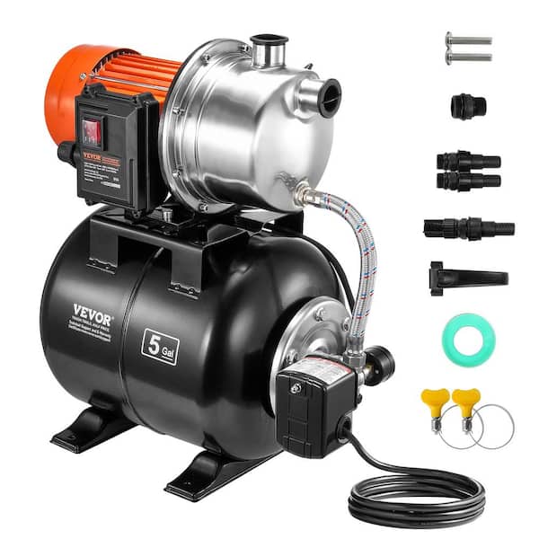 1 HP Shallow Well Pump with Pressure Tank 1000 GPH Booster Pump 130 ft. Head Lift Stainless Steel Pump