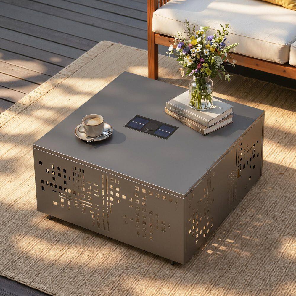 Solar LED Outdoor Coffee Table, Square Metal Patio Table with Umbrella Hole, Ambient Lighting, Gray price history on PriceWatchPro