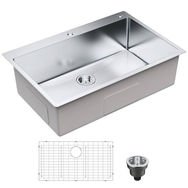 SKYSHALO Kitchen Sink, SU304 Stainless Steel 33 in. L Drop-In Sinks, Top Mount Single Bowl Basin with Accessories (Pack of 3)