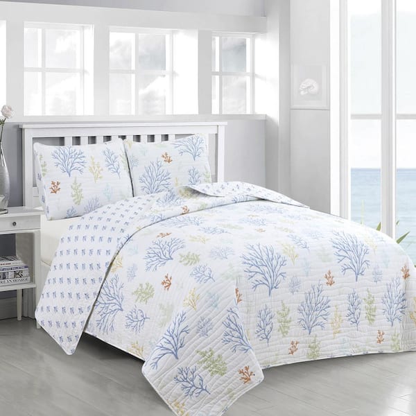 FRESHFOLDS Blue Reversible Coral Themed King Microfiber 3-Piece Quilt Set Bedspread