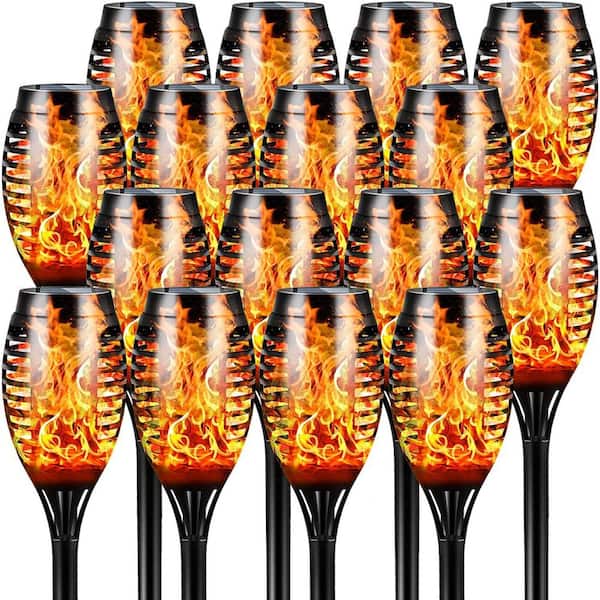 16-Pack Solar Tiki Torches, 12 LED Flickering Flame Lights, IP65 Waterproof, Auto On/Off for Garden, Yard, Patio, Path