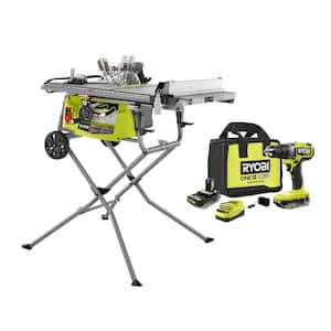 15 Amp 10 in. Expanded Capacity Table Saw with Stand and ONE+ 18V Brushless Drill/Driver Kit w/Battery, Charger, & Bag