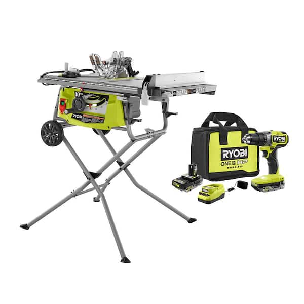 RYOBI RTS23-PBLDD01K 15 Amp 10 in Expanded Capacity Portable Table Saw w/ Rolling Stand & ONE+ 18V Brushless Drill/Driver w/Battery & Charger - 1