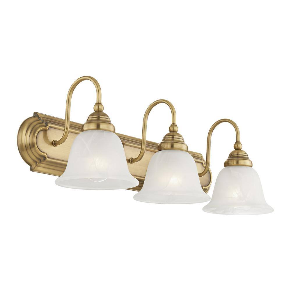 Belmont Antique Brass 3-Light Vanity with White Alabaster Glass
