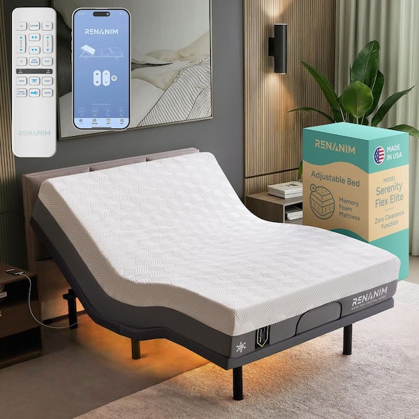 Renanim Adjustable Gray Bed Frame Full USB, Under Bed Light, Gel Memory Foam, App Control, Platform Bed plus 12 in. Mattress