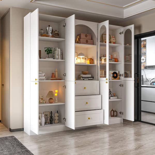70.9 in. Tall White Wood 13-Shelf Standard Bookcase with Glass Doors, 3-Drawers, Cabinet, Open Shelves, Arched Accent