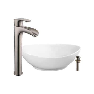 22-5/8 in. x 15 in. Oval Bathroom Ceramic Vessel Sink with Waterfall Faucet in Brushed Nickel