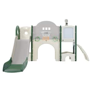 9 in 1 Green Kids Slide Playset with Slide, Arch Tunnel, Ring Toss, Drawing Whiteboardl and Basketball Hoop