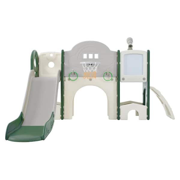 Unbranded 9 in 1 Green Kids Slide Playset with Slide, Arch Tunnel, Ring Toss, Drawing Whiteboardl and Basketball Hoop