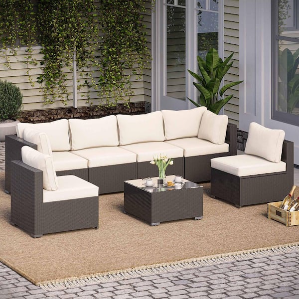 LAUSAINT HOME 7-Piece Black Wicker Patio Conversation Set with Beige Cushions