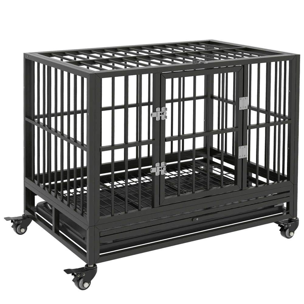 36 in. Heavy Duty Dog Crate Metal Cage Kennel with Lockable Wheels, Double Door and Removable Tray, Gray price history on PriceWatchPro