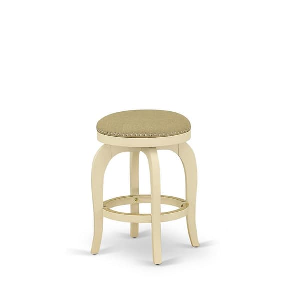 HOME IMPORTS EMPORIUM 24 in. H Linen White Counter Height Wooden Barstool Round Shape with PU Leather Upholstered Pub Height