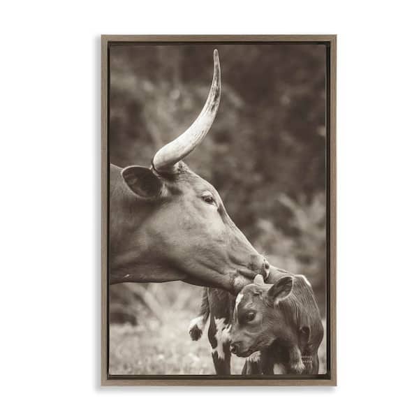Longhorn Kissing Baby by Nathan Larson Brown Floater Frame Animal Graphic Art Print 31 in. x 21 in.