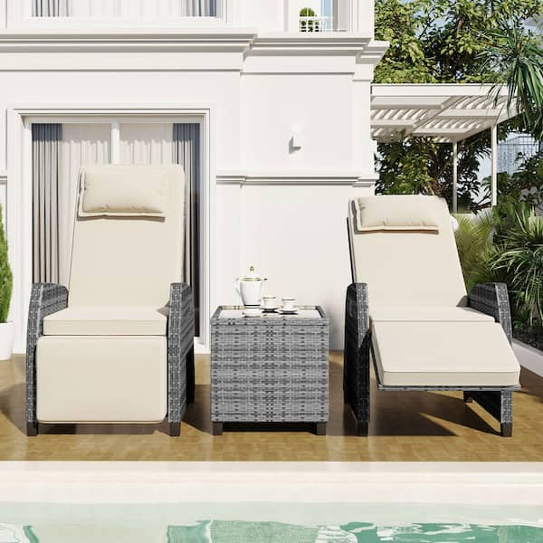 3-piece Gray Rattan Wicker Combination Outdoor Recliner with Coffee Table Set Beige Cushions