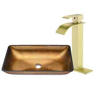 22 in. Gold Rectangular Glass Vessel Sink with Bathroom Faucet and Pop-up Drain