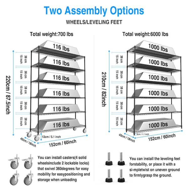 59.72 in. W Black 6-Tier Metal Pantry Organizer, Adjustable Metal Storage Shelves with Wheels